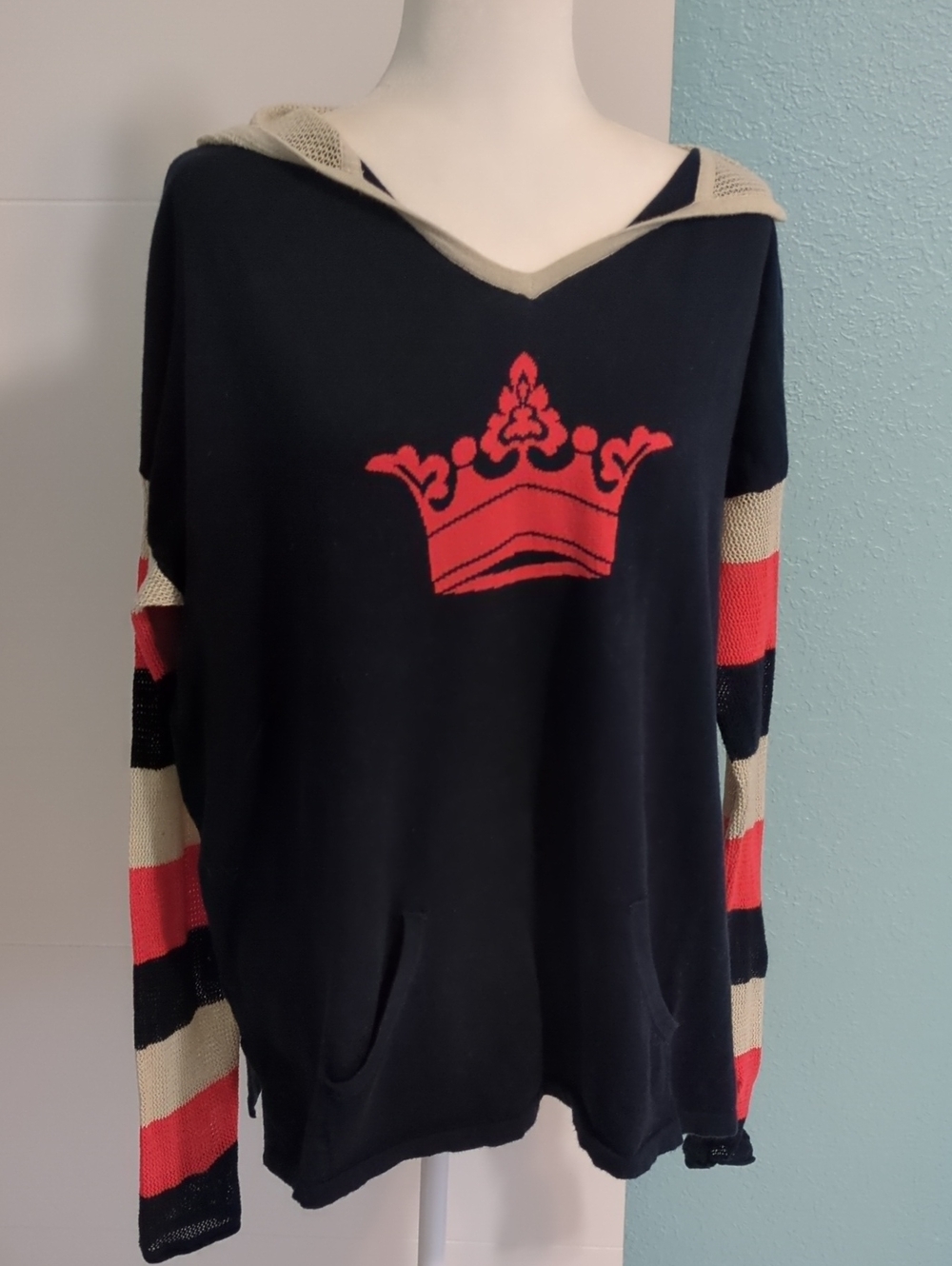Lisa Todd Navy V-Neck Hoodie Sweater Red Crown Striped Sleeves Cashmere MixSz 2x